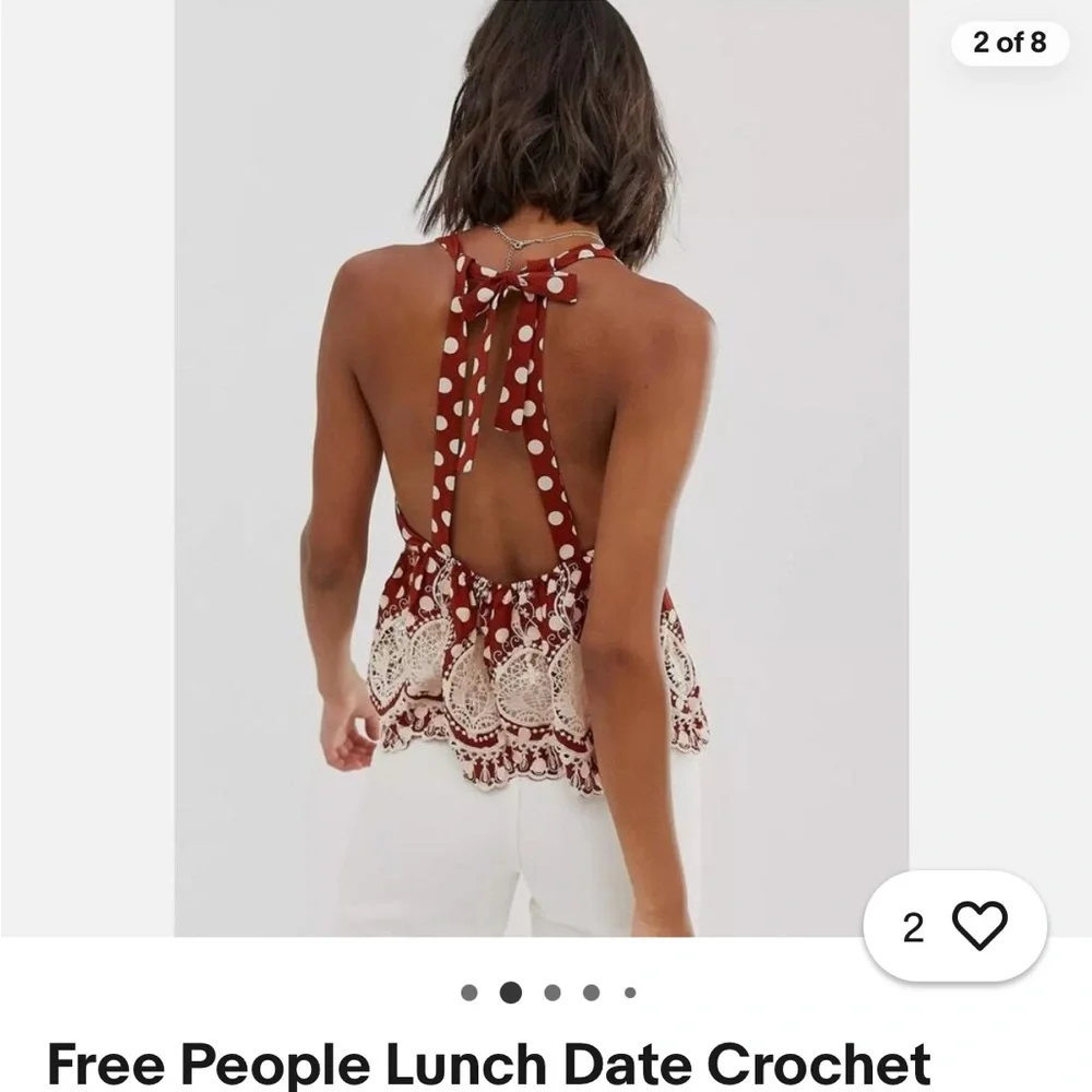 Free People Lunch Date Crochet Halter Top XS Boho Polka Dot Lace - Picture 6 of 7